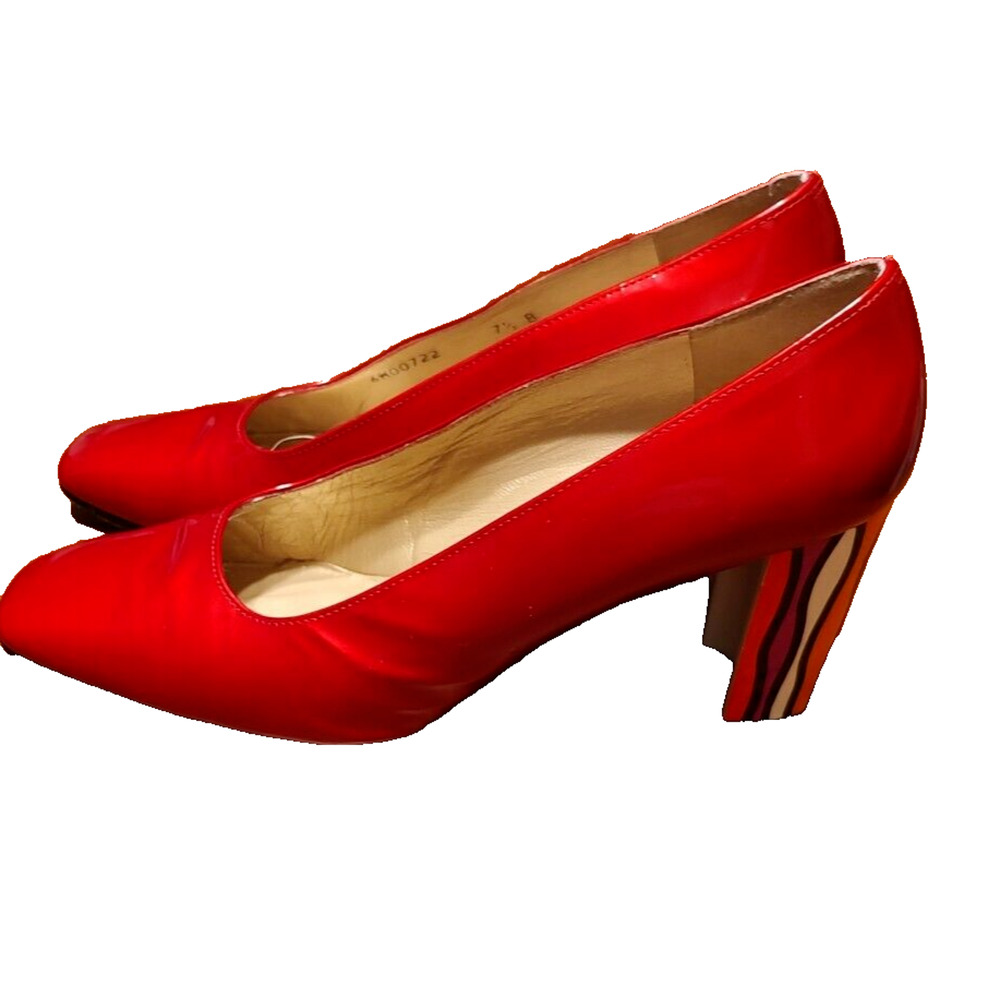 Vintage Stuart Weitzman Red Patent Pumps Heels Multi color heel 7‎ 1/2 EUC